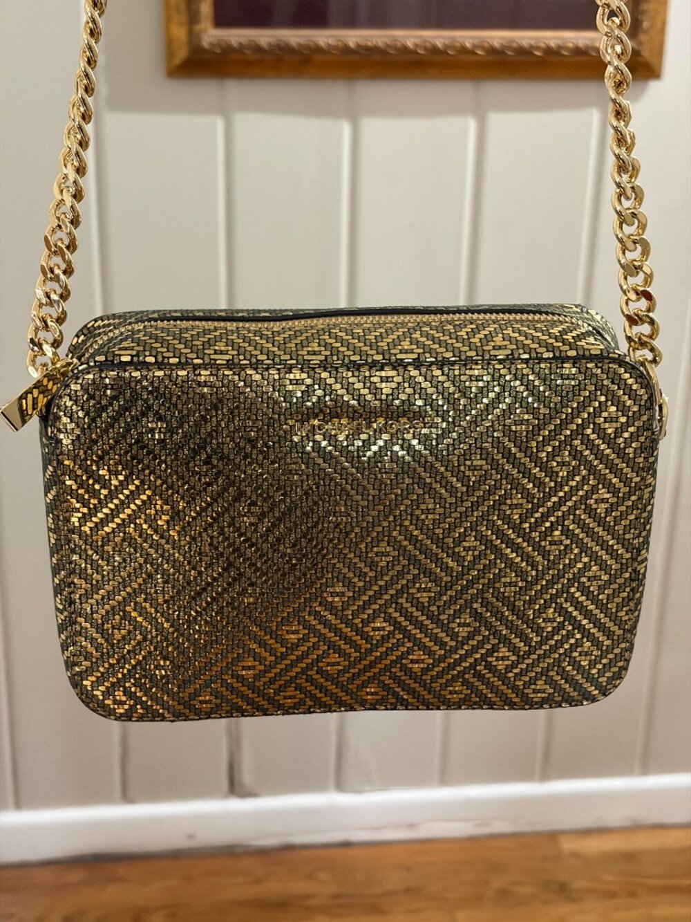 MICHAEL KORS GINNY CAMERA BAG METALLIC GOLD WOVEN CROSSBODY